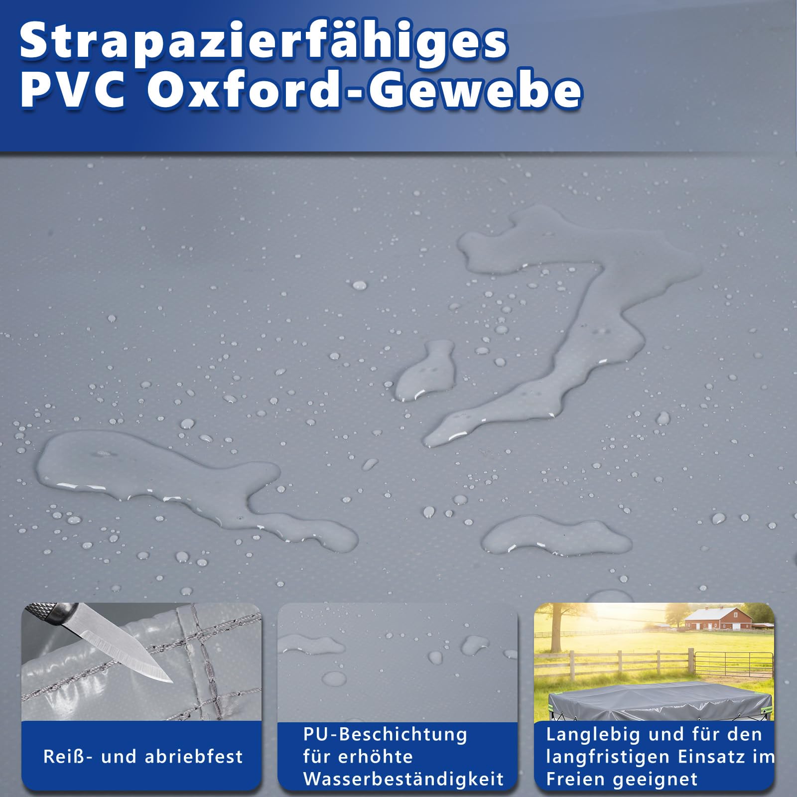 Anhängerplane 210x114x90 cm - Extra Stark 500g/m² PVC LKW-Plane - Wasserdicht & Reißfest - Grau - Mit 4X Reflektorstreifen, Alu-Ösen & 6mm Expanderseil - Profi Abdeckplane für PKW Anhänger