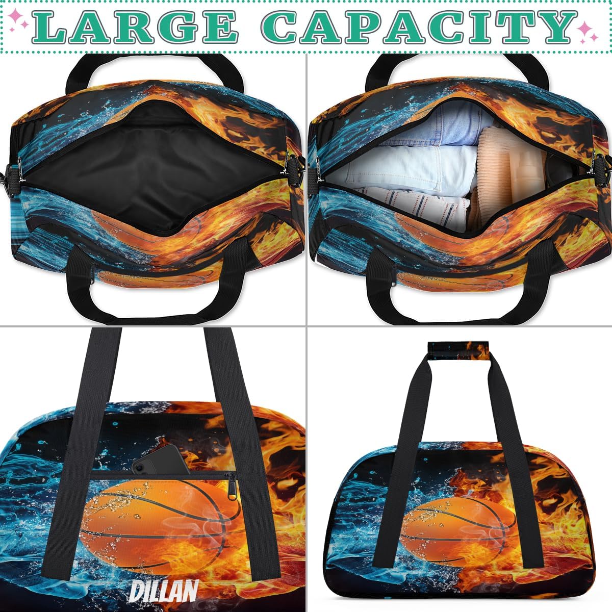 Custom Name Sports Bag for Kids Boys, Personalized Gym Duffel Fitness Travel Weekender Tote Carry-On Training Perform Bag Soccer Fire - Image 5