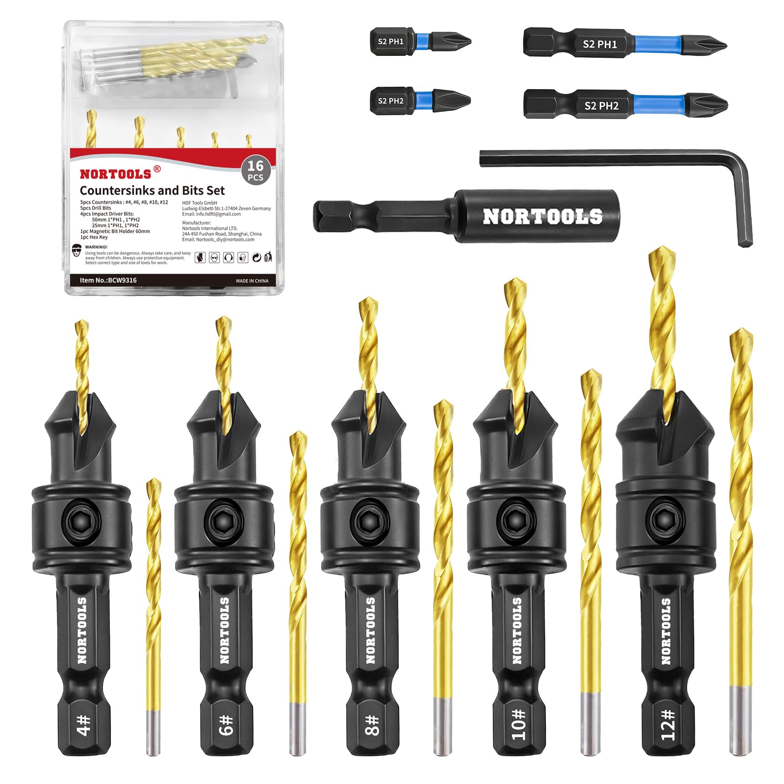 NOROOLS Countersink Drill Bit Set,5 Pcs Counter Sink Drill Bit Adjustable for Wood,#4, #6, #8, #10, #12, High-Speed Steel 5 Spare Bits Adjustable，4pcs Screwdriver Bit 2x50mm+2x25mm for Woodworking