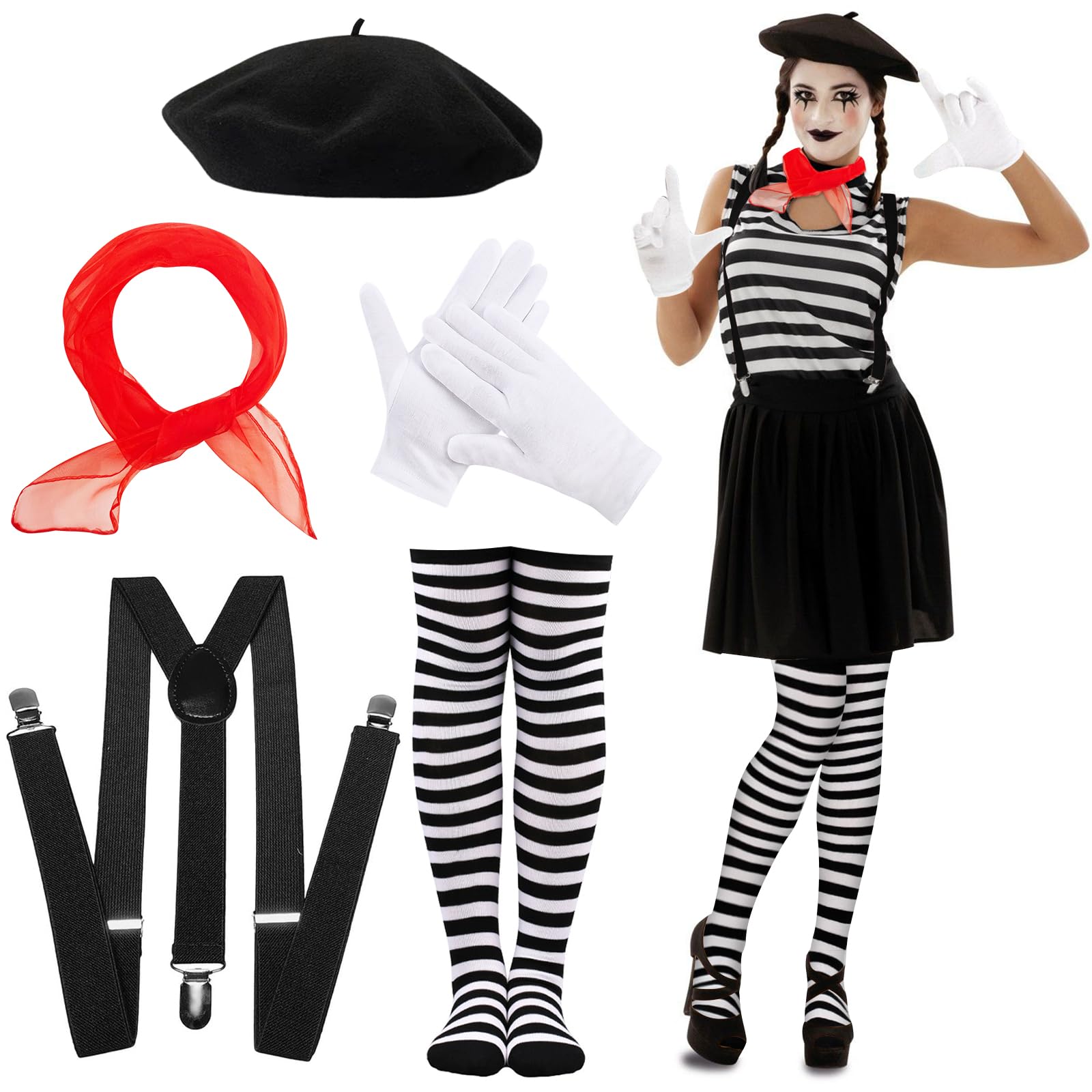 Women's Mimo Costume, Pantomime Ladies Accessories with Beret, Stockings, Mimo French Costume, Circus Artist Costume, Cosplay Costume for Carnival Halloween
