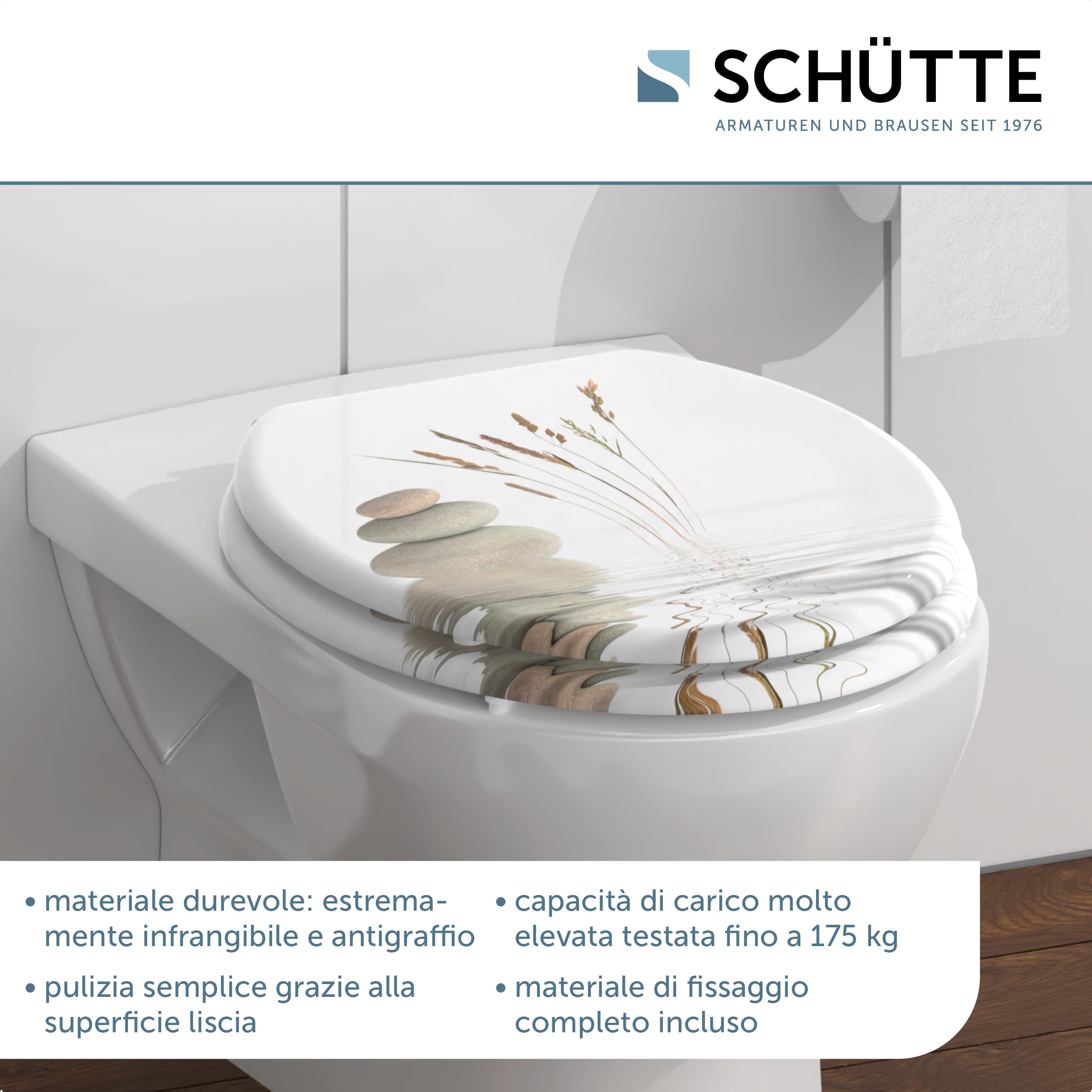 SCHÜTTE 80022 - Sedile WC BALANCE, con anima in legno, adatto per tutti i WC in commercio, carico massimo di 150 kg, motivo pietre su occhiali e coperchi