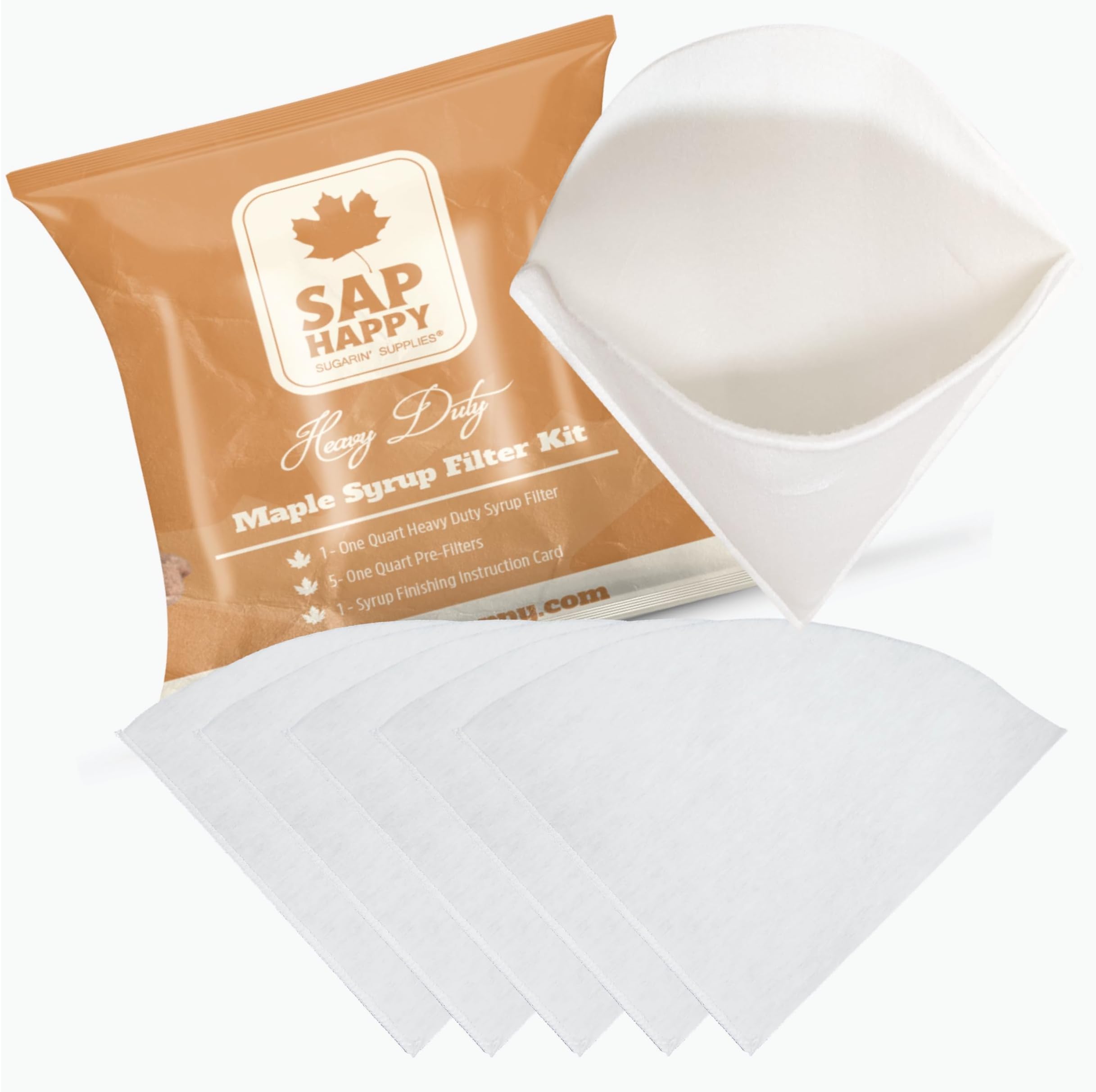 Sap Happy (6) Piece Maple Syrup Filter Set - (1) Heavy Duty Maple Sap Filter - (5) Syrup Pre Filters for Maple Syrup Production - (1) How-To Card for Maple Syrup Filtering.