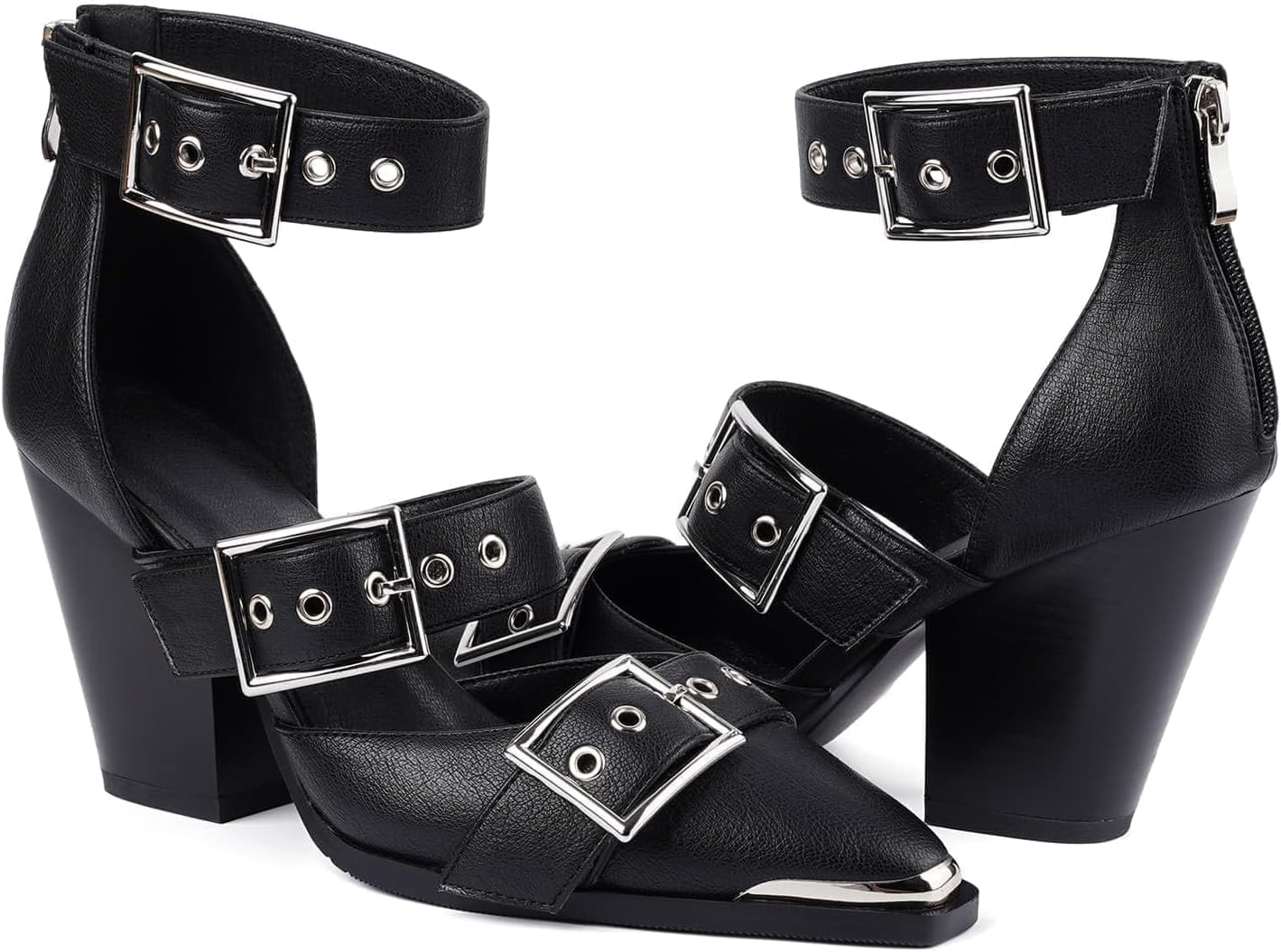 Women's Pointed Toe Pumps Chunky Wedge Heels Ankle Strap Western Sandals Metal Buckle Comfortable Fashion Casual Dress Shoes