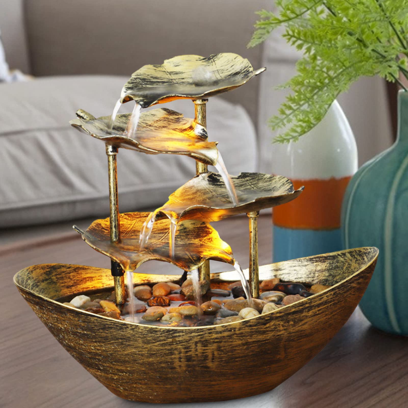 Fuente de agua de interior, Fuente de interior 28 × 15 × 25 cm | Pequeña fuente cascada en hoja de 4 niveles, bomba automática con interruptor de alimentación, pequeña fontai