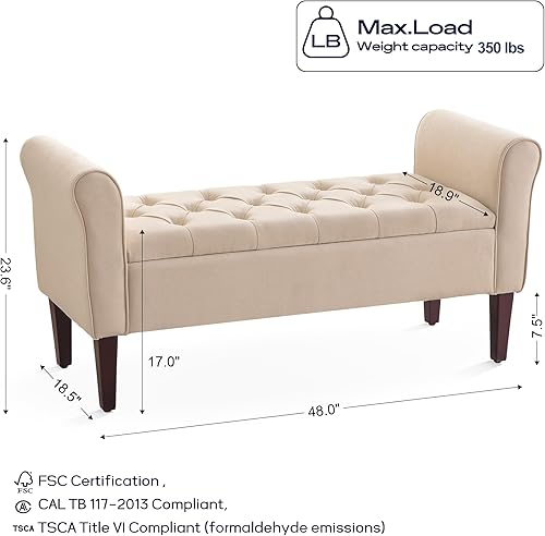 Miniatura 77 de HUIMO Banco de almacenamiento de 48 pulgadas, otomana de almacenamiento con brazos con patas de madera maciza de 7.5 pulgadas, banco de pie de cama