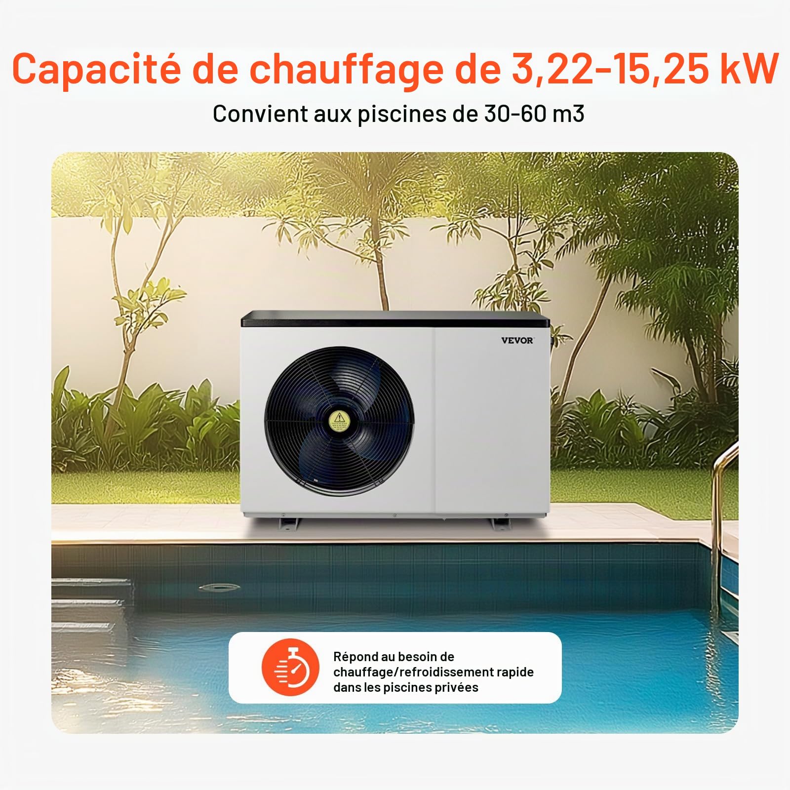 VEVOR Pompe à Chaleur électrique pour Piscine, capacité de Chauffage 3,22-15,25 KW, Chauffage de Piscine à fréquence Variable à économie d'énergie pour piscines Hors Sol 30 à 60 m³, AC220-240 V 50 Hz