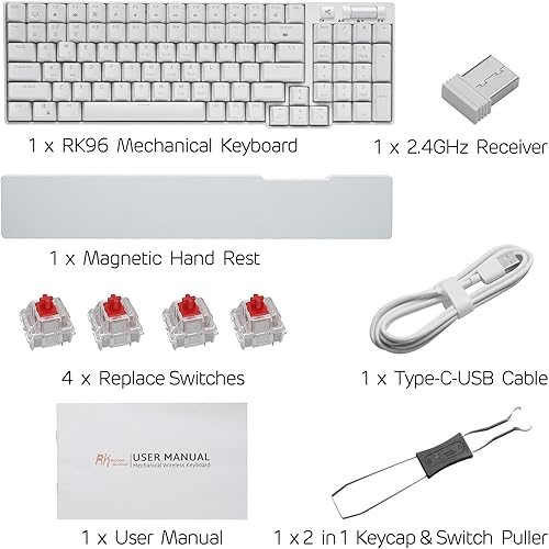 Miniatura 7 de RK ROYAL KLUDGE RK96 - Teclado mecánico intercambiable en caliente con 90 de modo triple BT5024GUSB-C con reposamanos magnético teclado inalámbrico
