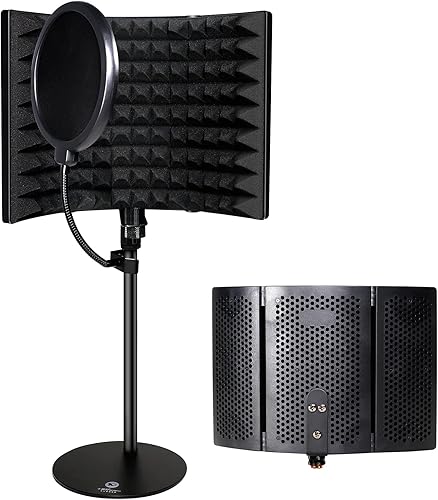 Escudo de aislamiento de micrófono de grabación profesional plegable con soporte de micrófono de escritorio, filtro pop densidad absorbente de