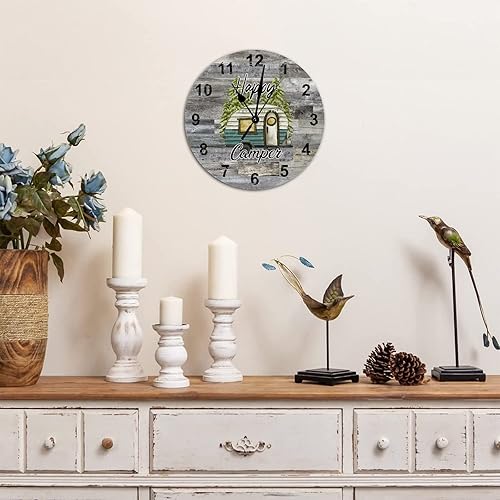 Miniatura 3 de Reloj redondo de madera rústica de 10 x 10 pulgadas, con temática de campamento, con números arábigos, silencioso, sin tictac, funciona con pilas,