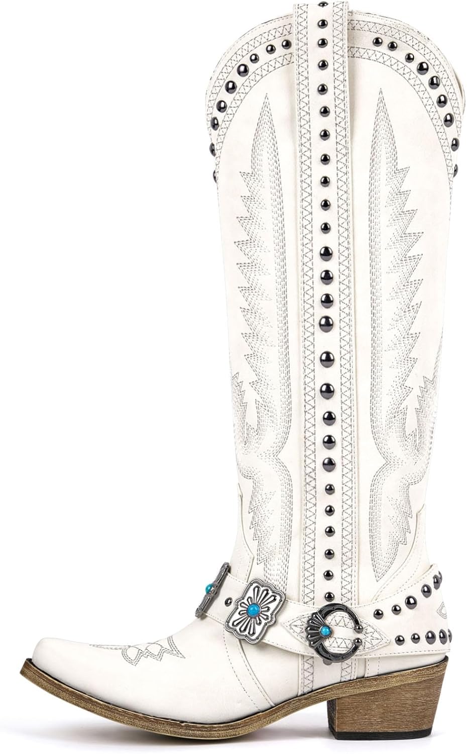 Yolkomo Cowboy Boots for Women Knee High Western Cowgirl Boots with Embroidery Belt Buckle Chains - Image 2
