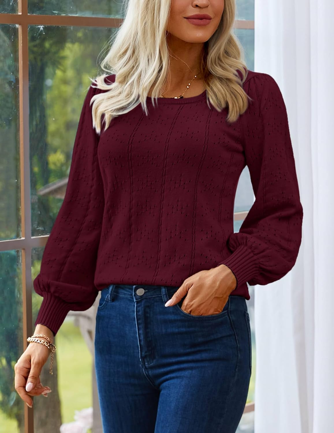 Hotouch Sweaters for Women 2026 Fall Trendy Tops Casual Puff Sleeve Square Neck Cute Tunic Pullover Blouses XS-XXL - Image 2