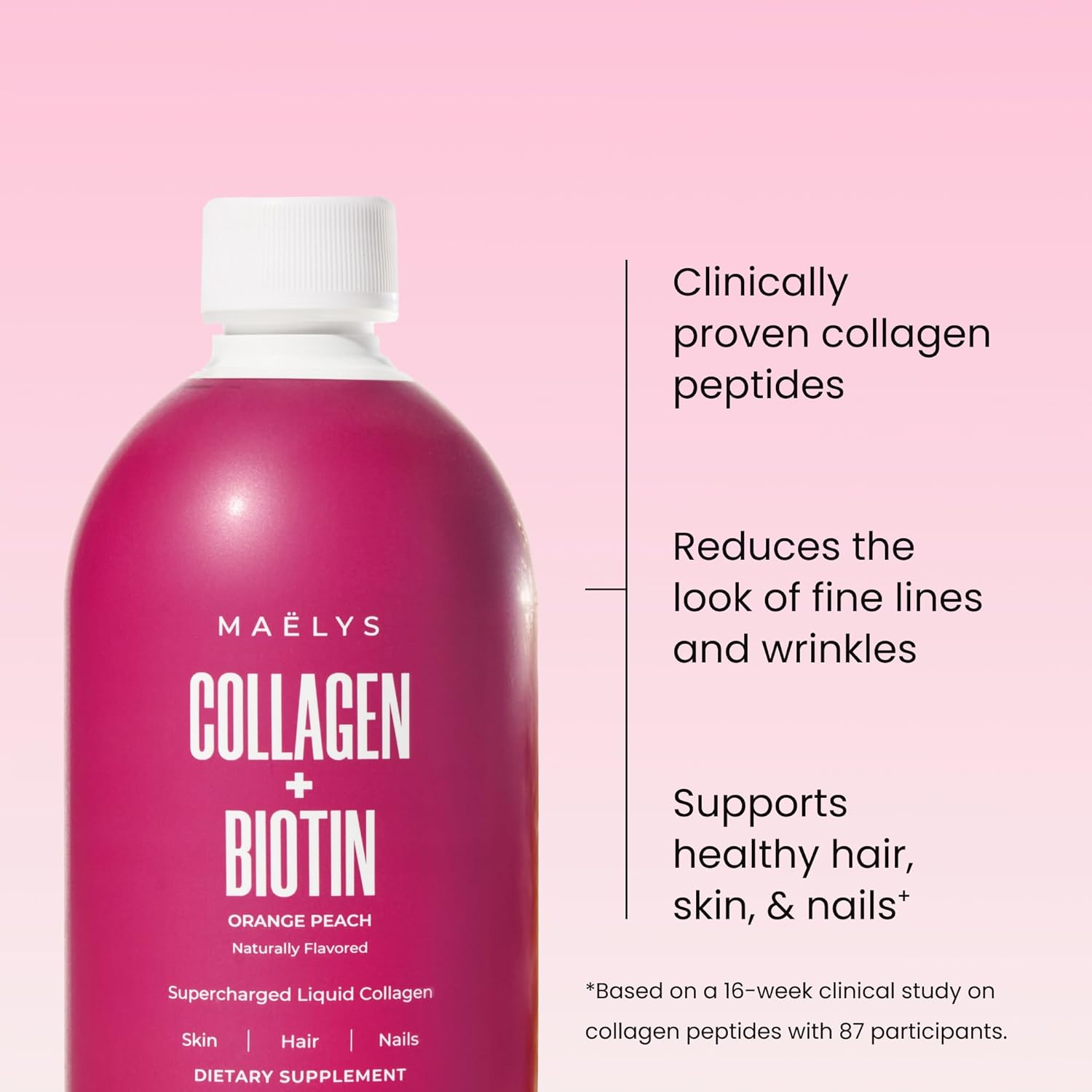MAËLYS Collagen + BIOTIN Supercharged Liquid Collagen - Drinkable Hydrolyzed Type I & III Collagen Supplement with Biotin, Vitamin C, Zinc & Folic Acid - Orange Peach Flavor (500 mL) - Image 2