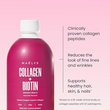 MAELYS Collagen + BIOTIN Supercharged Liquid Collagen - Drinkable Hydrolyzed Type I & III Collagen Supplement with Biotin, Vitamin C, Zinc & Folic Acid - Orange Peach Flavor (500 mL)