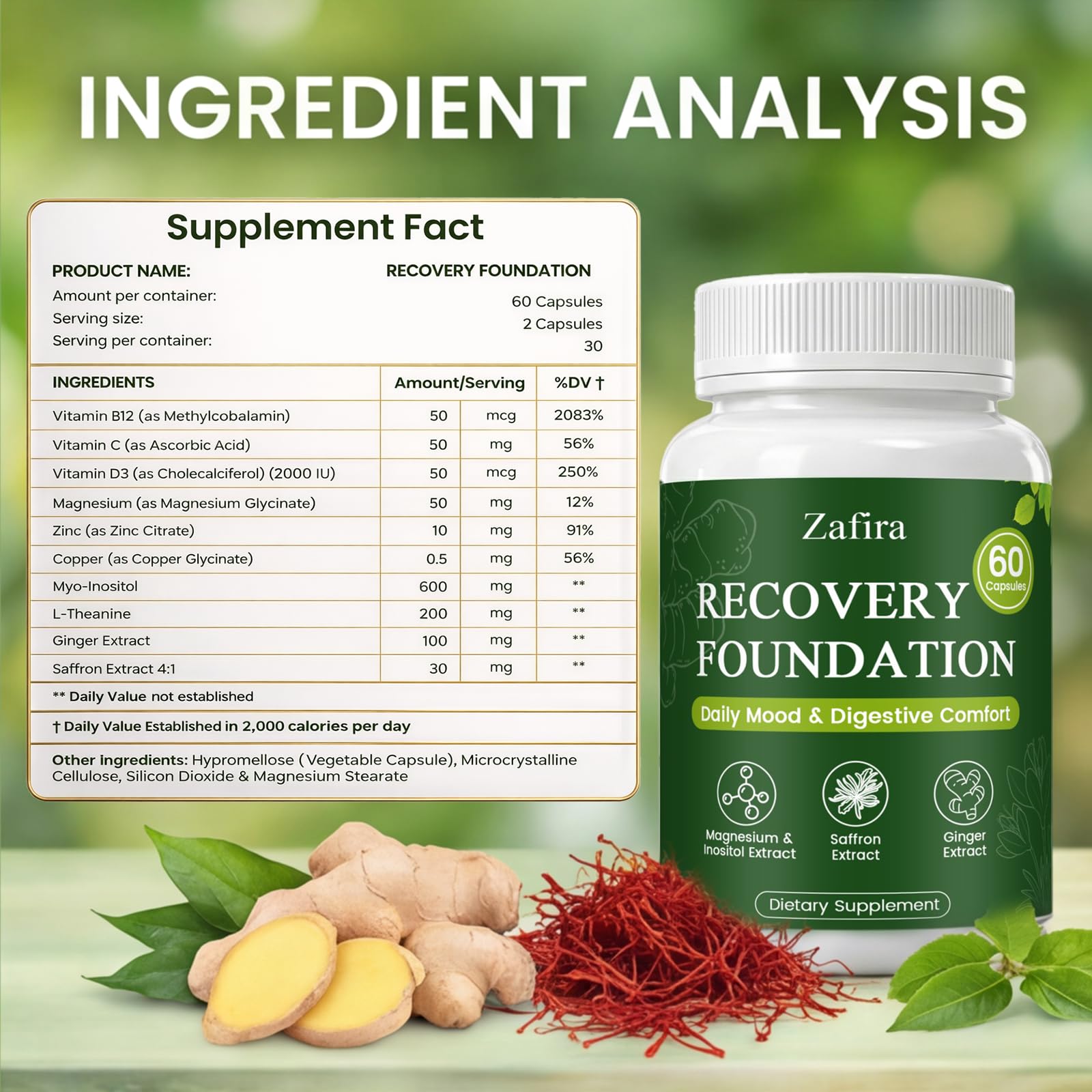 Zafira Recovery Foundation Capsules with Saffron Extract, Myo-Inositol, Magnesium & Ginger Extract for Mood Support, Energy & Focus, Digestive Comfort,120 Capsules — Amazon image 4
