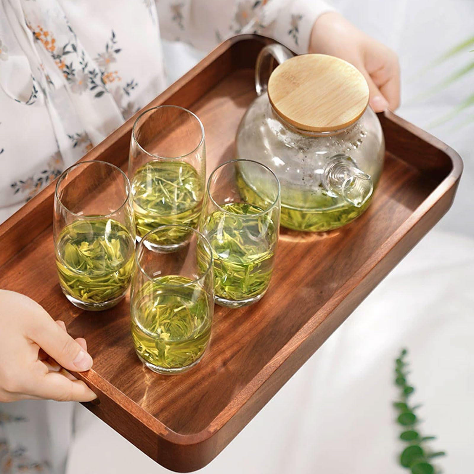 HUHJYUGE Bandeja Madera Rectangular, Bandeja para El Desayuno, Bandeja de Madera con Asas y Borde Elevado, para Servir Alimentos, Café, Té, Frutas y Comidas (40x27cm)