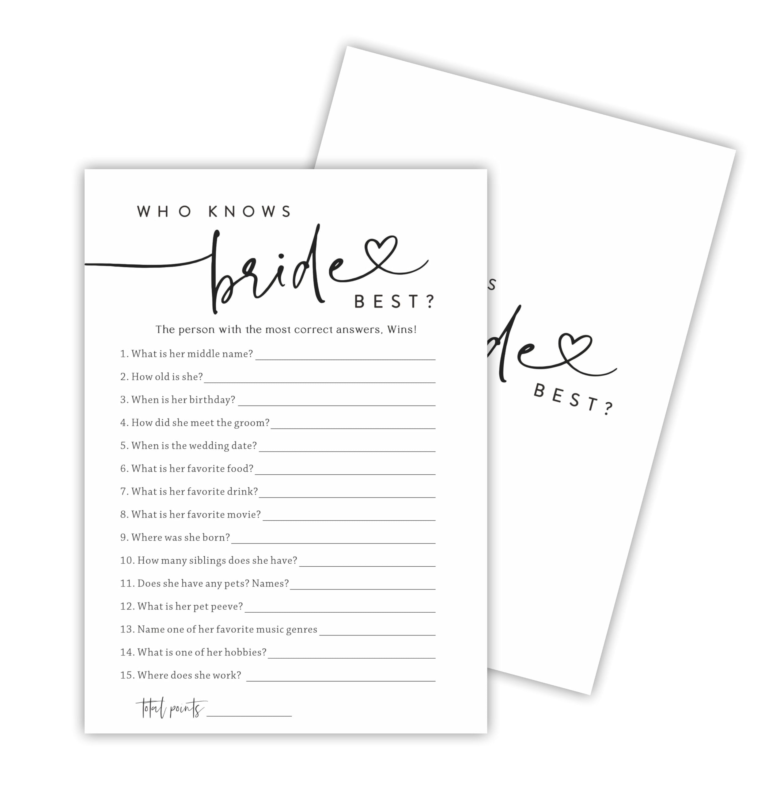 Hsupl Minimalism Bridal Shower Game Cards, Who Knows The Bride Best, Double-Sided Wedding Party Game Cards for 30 Guests, Engagement Party Activities,