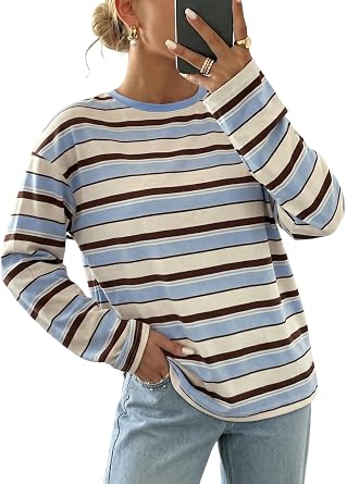 Dokotoo Womens Fall Fashion Long Sleeve Striped Tops Tee Shirts Casual