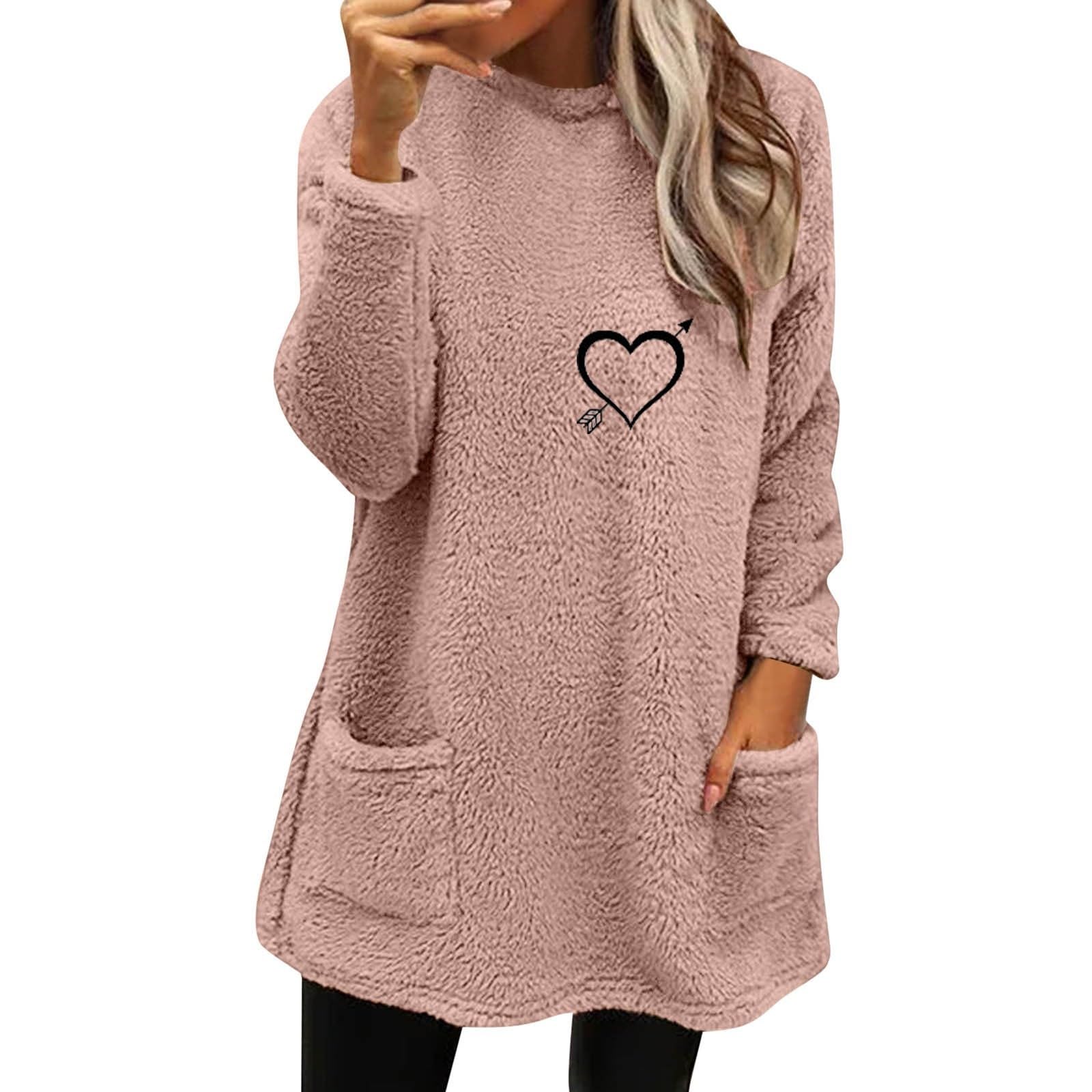 HRMJKSC Women's Round Neck Hoodless Sweatshirts Winter Wool Plush Coat Plus Size Loose Jacket Long Sleeved Jumper With Pockets