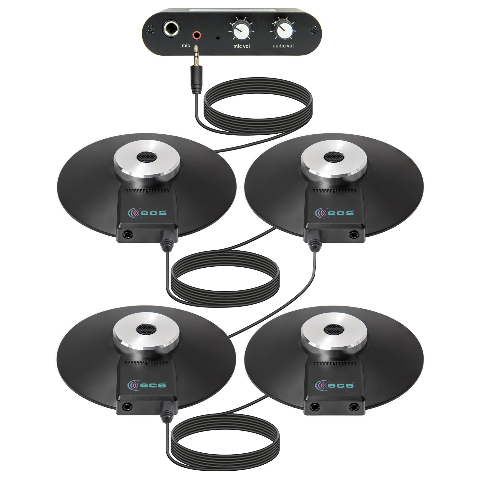 ECS Includes 1 WordBooster mic amplifier and 4 WordForum 3.5 mm TRS stereo conference mic with 8 ft cord in zippered carrying case