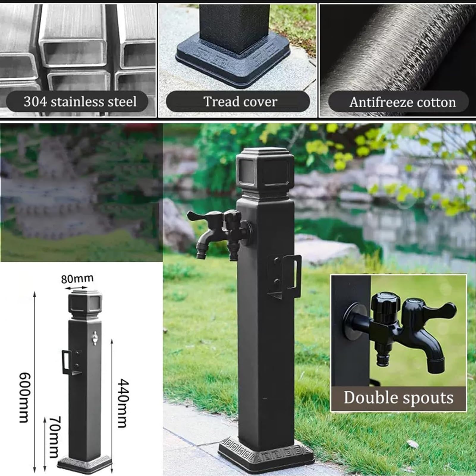 Columna de agua vertical para jardín, poste de agua independiente para exteriores con doble manguera para grifo, solución de riego de patio de 95 cm, ideal para riego y cuidado del jardín.