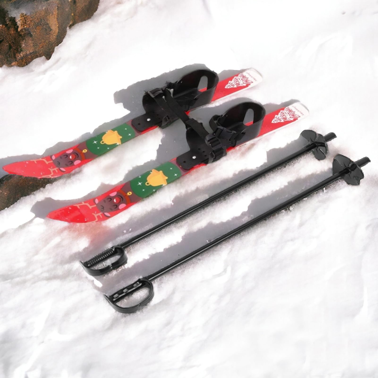 Skis et bâtons pour enfants avec fixations pour débutants de 2 à 4 ans, planches de ski à faible résistance avec motif sur le thème de Noël, léger, robuste et sûr pour enfants