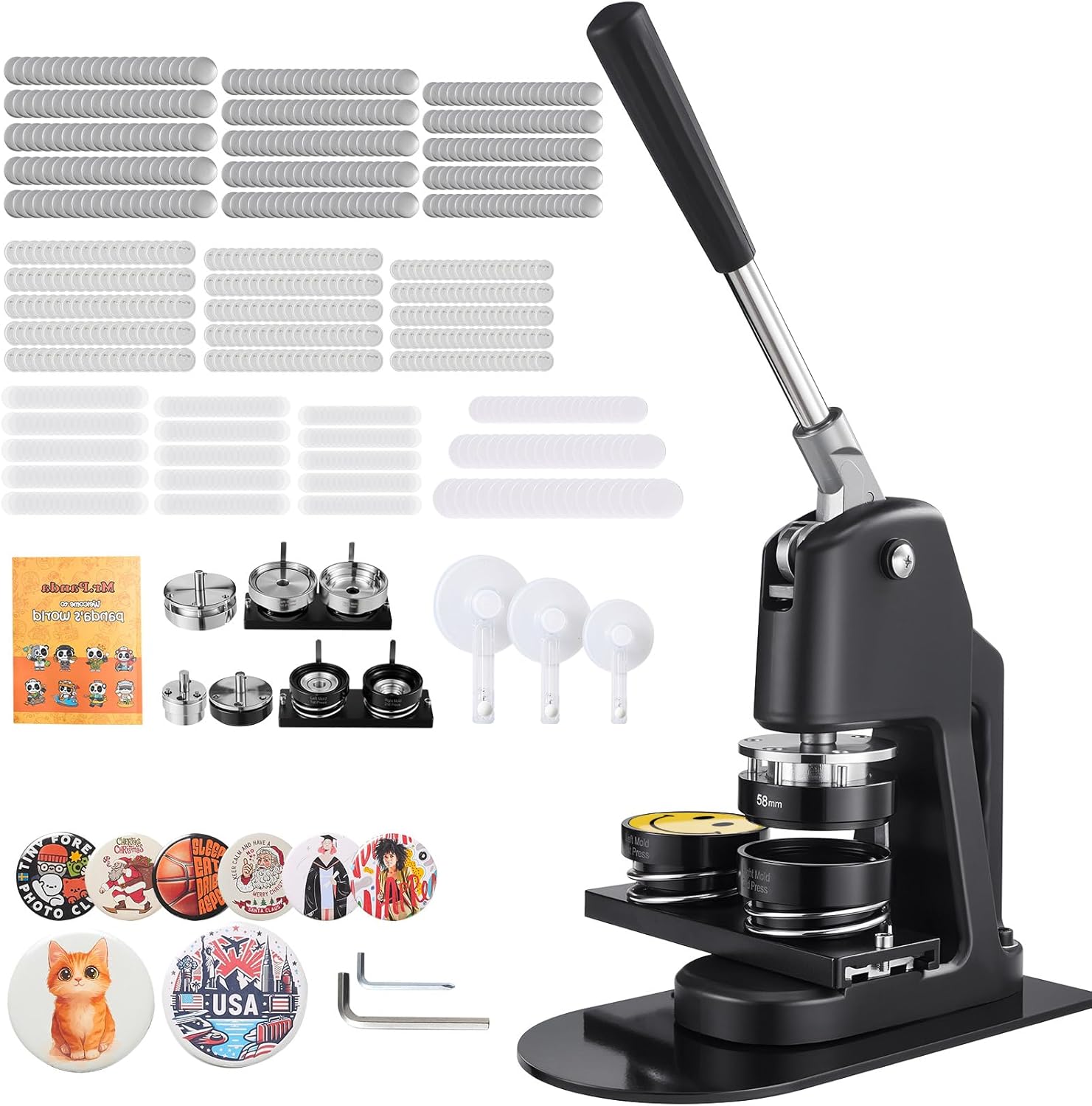 VEVOR Button Maker Machine, 1.25/2.25/3 inch 3-in-1 Plastic Pin Maker with 300pcs Button Parts, Circle Cutter and Magic Book, Reinforced Ergonomic Handle, for DIY Badges, Personalized Pins, Black