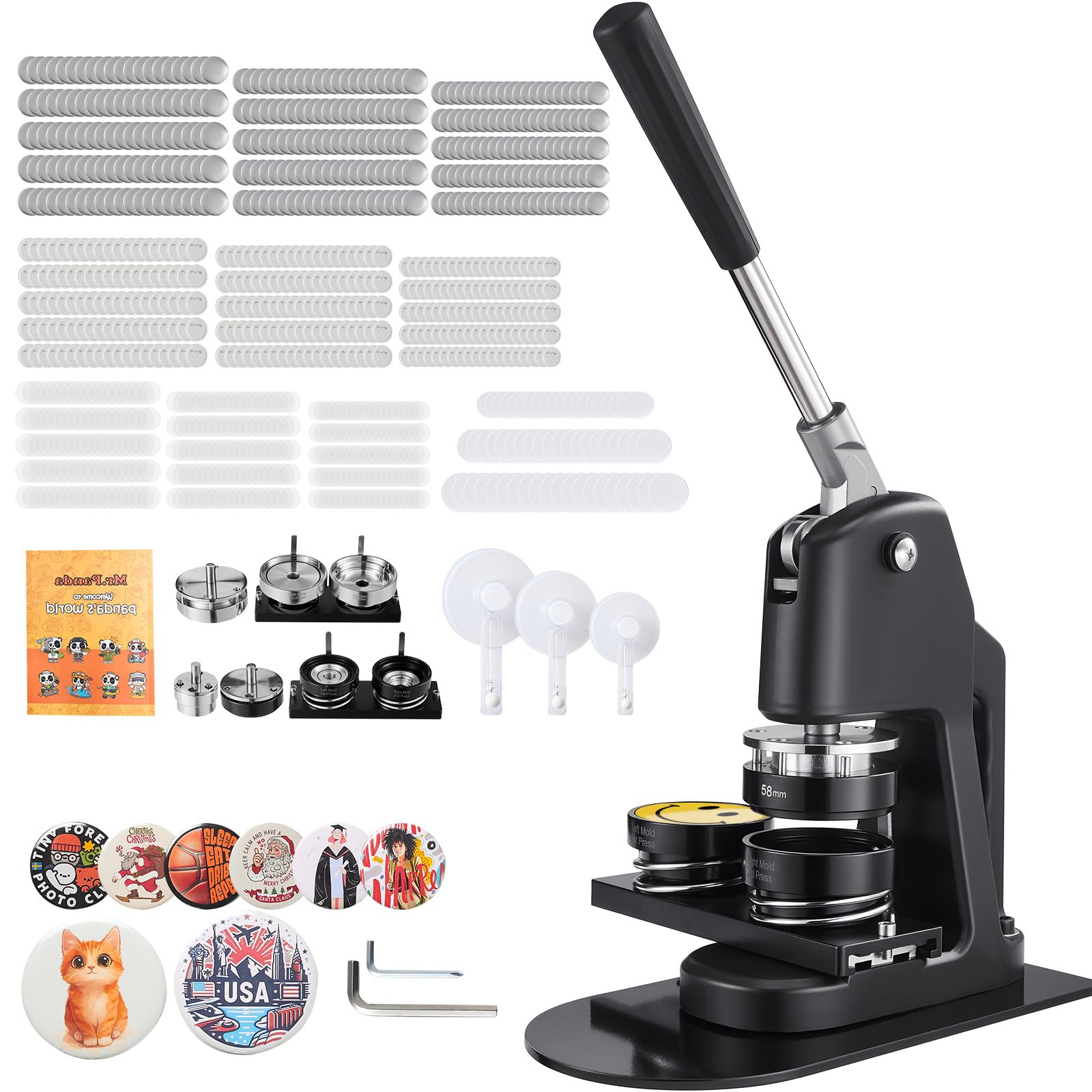 VEVOR Macchina per Spille, Macchina Punzonatrice Manuale con 300 pezzi di Badge Dimensioni 32/58/75mm, Impugnatura Ergonomica, per Spille Personalizzate Fai da te, Nero
