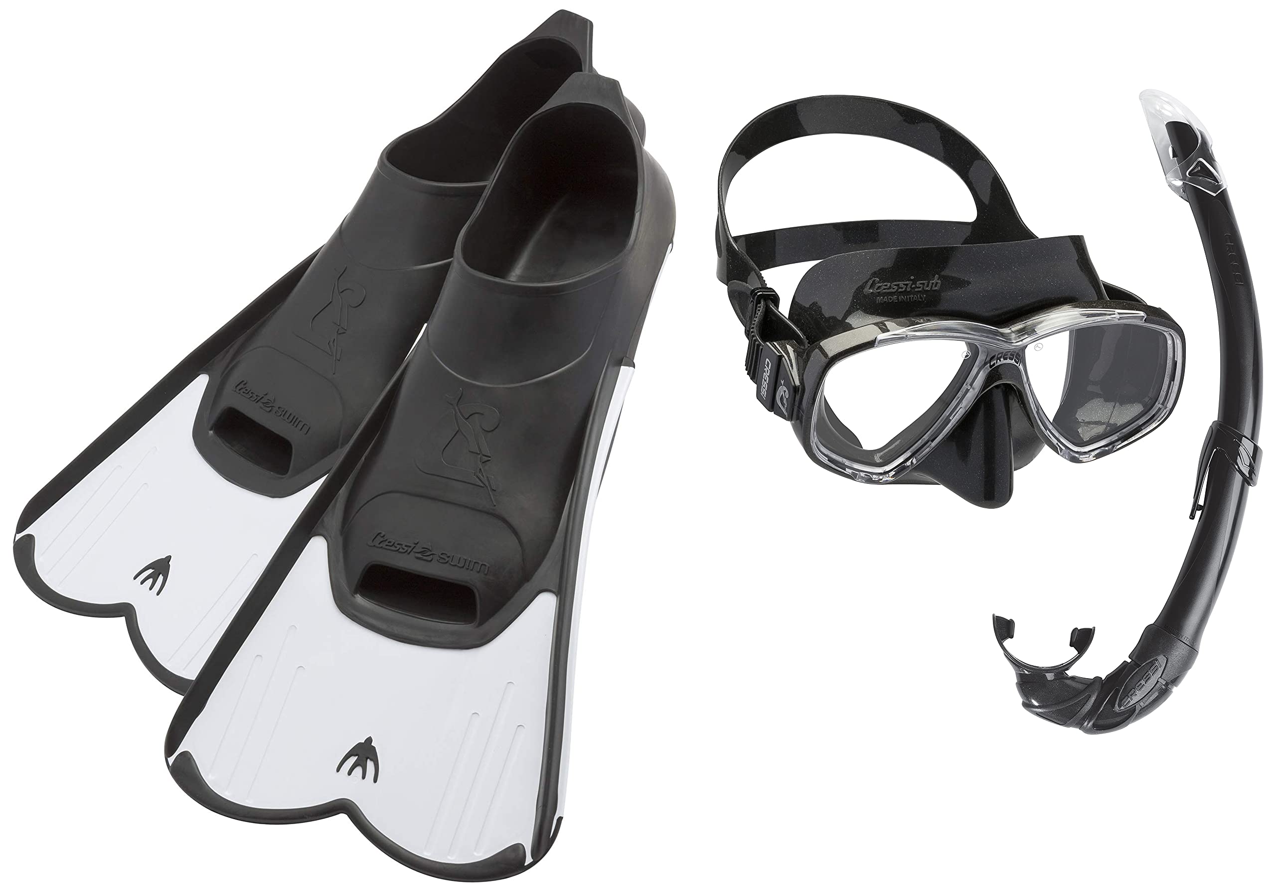 Cressi Light Fins, Pinne Corte Leggere E Potenti per Nuoto/Snorkeling Adulti E Bambini Unisex, Bianco/Nero & Mare Combo, Set Maschera Sub Perla E Snorkel Mexico Unisex – Adulto, Nero