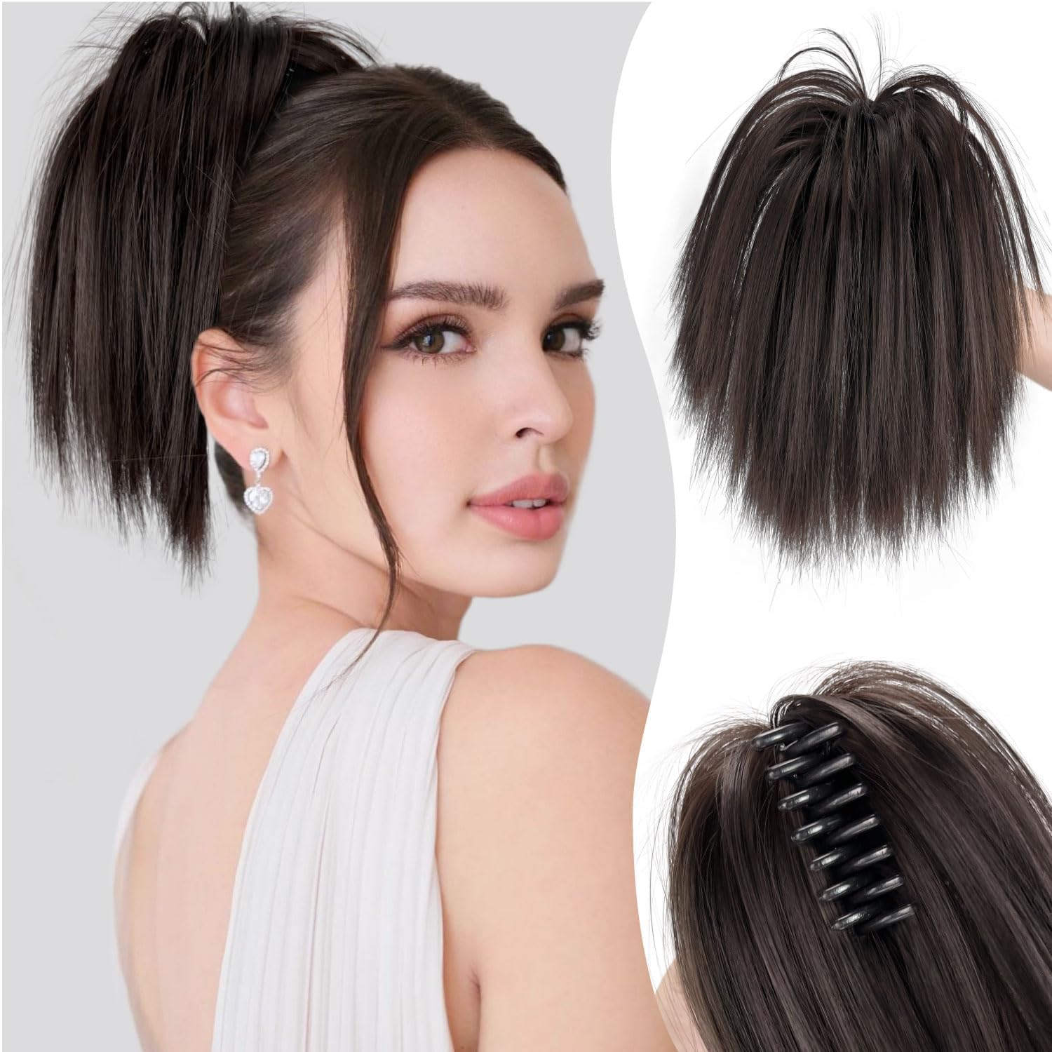 DELUXE HAIR® Messy Bun Hair Piece Claw Clip in Lightweight Fluffy Straight Black Brown Hair Bun Updo Ponytail Extension Hairpieces Synthetic Pony Tails Hair Extensions for Women (Brown)-image-44