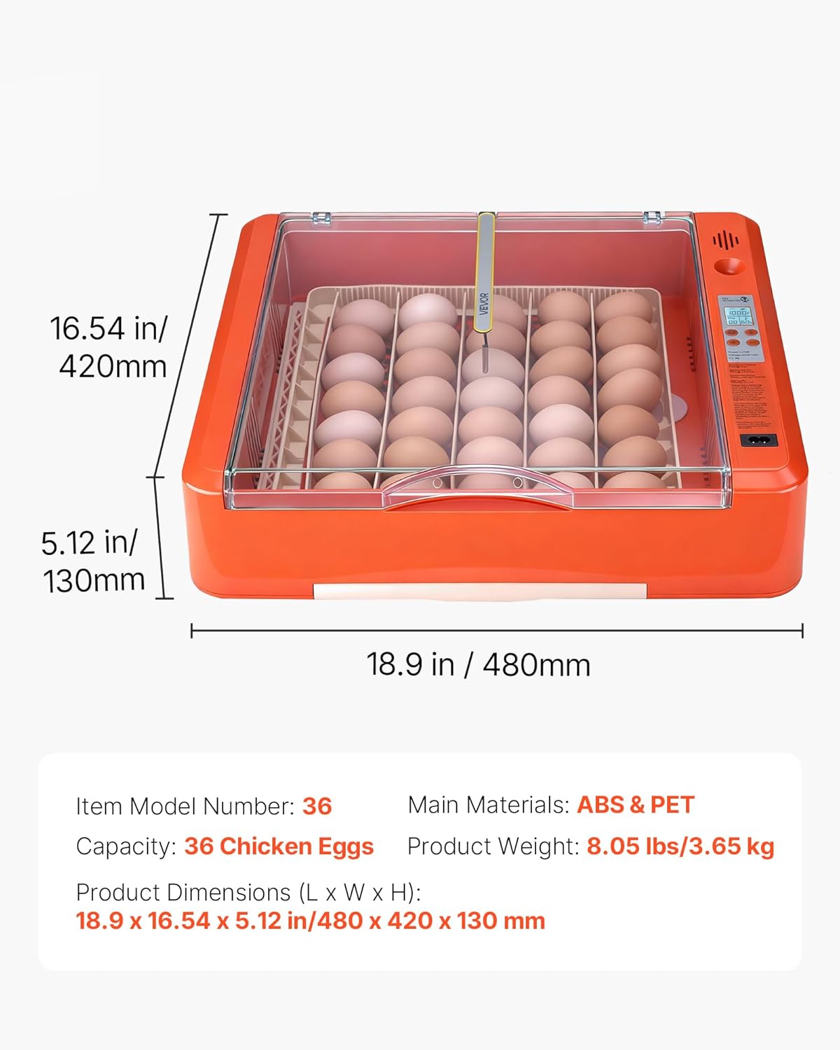 VEVOR 36 Egg Incubator, Automatic Egg Turner with LED Candler & Water Tray, Temperature & Humidity Control, 360° View Clear Window, Poultry Eggs Incubators for Hatching Chicks Ducks Goose Quails