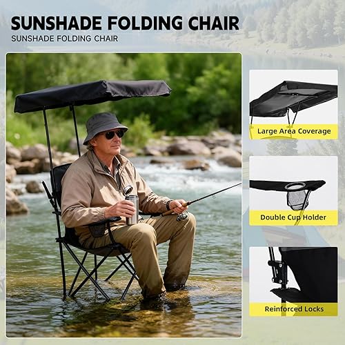 Miniatura 9 de YOUNG WOOD Silla de camping con toldo, silla de playa con sombra, portátil, ligera, de gran tamaño para todos, fácil de abrir y cerrar sin