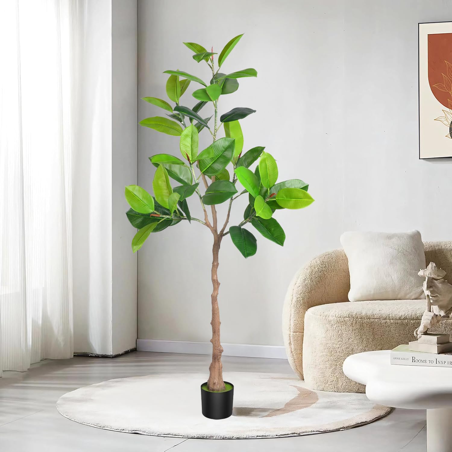 Angju 1.6m/5.3ft Fake Plant Rubber Tree, Artificial Faux Potted Tropical Burgundy Ficus Elastica Tree, Large Faux Floor Plants for Home Office Porch Balcony Room Decor