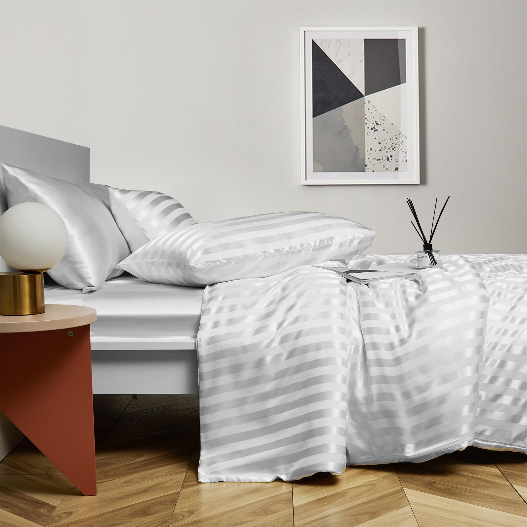 Copripiumino in Raso 220 x 240 bianco a righe lucido Deluxe Parure da letto in raso morbido setoso seta biancheria da letto per 2 persone adulte con cerniera con federe 65 x 65 cm