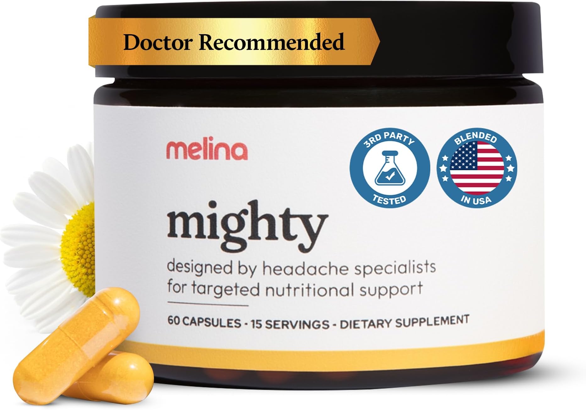 Melina Mighty Natural Migraine Relief Supplement - Magnesium, B2 Riboflavin 400mg, Feverfew, CoQ-10, ALCAR to Strengthen Migraine and Headache Prevention - 15 Servings (60 Caps)