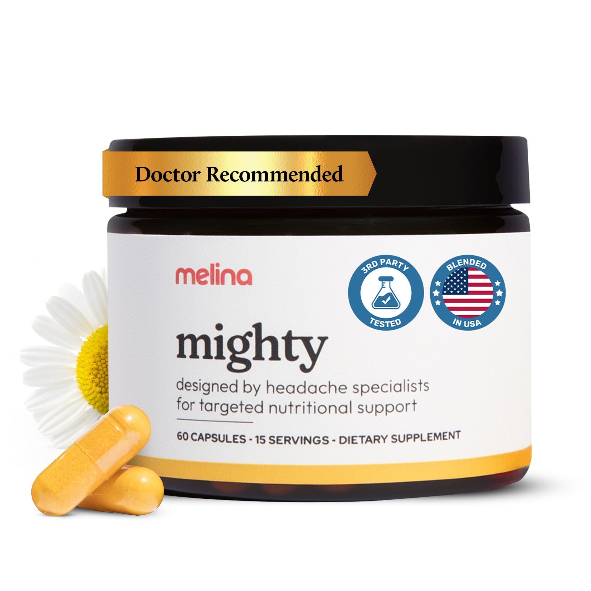 Melina Mighty Natural Migraine Relief Supplement - Magnesium, B2 Riboflavin 400mg, Feverfew, CoQ-10, ALCAR to Strengthen Migraine and Headache Prevention - 15 Servings (60 Caps)