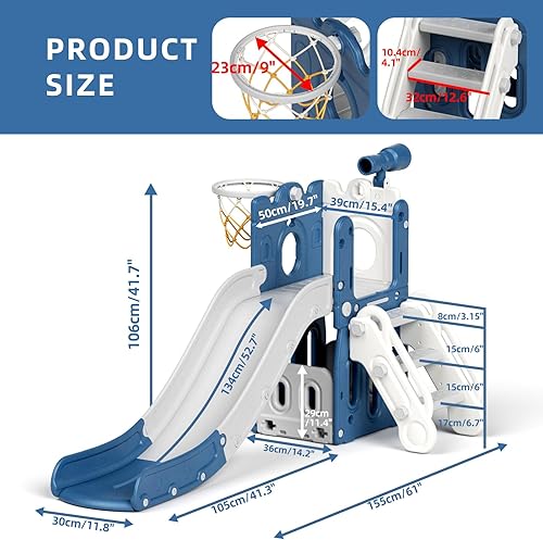 Miniatura 5 de XJD Tobogán 5 en 1 para niños pequeños de 1 a 3 años, juego para interiores y exteriores con aro de baloncesto y pelota, espacio de almacenamiento
