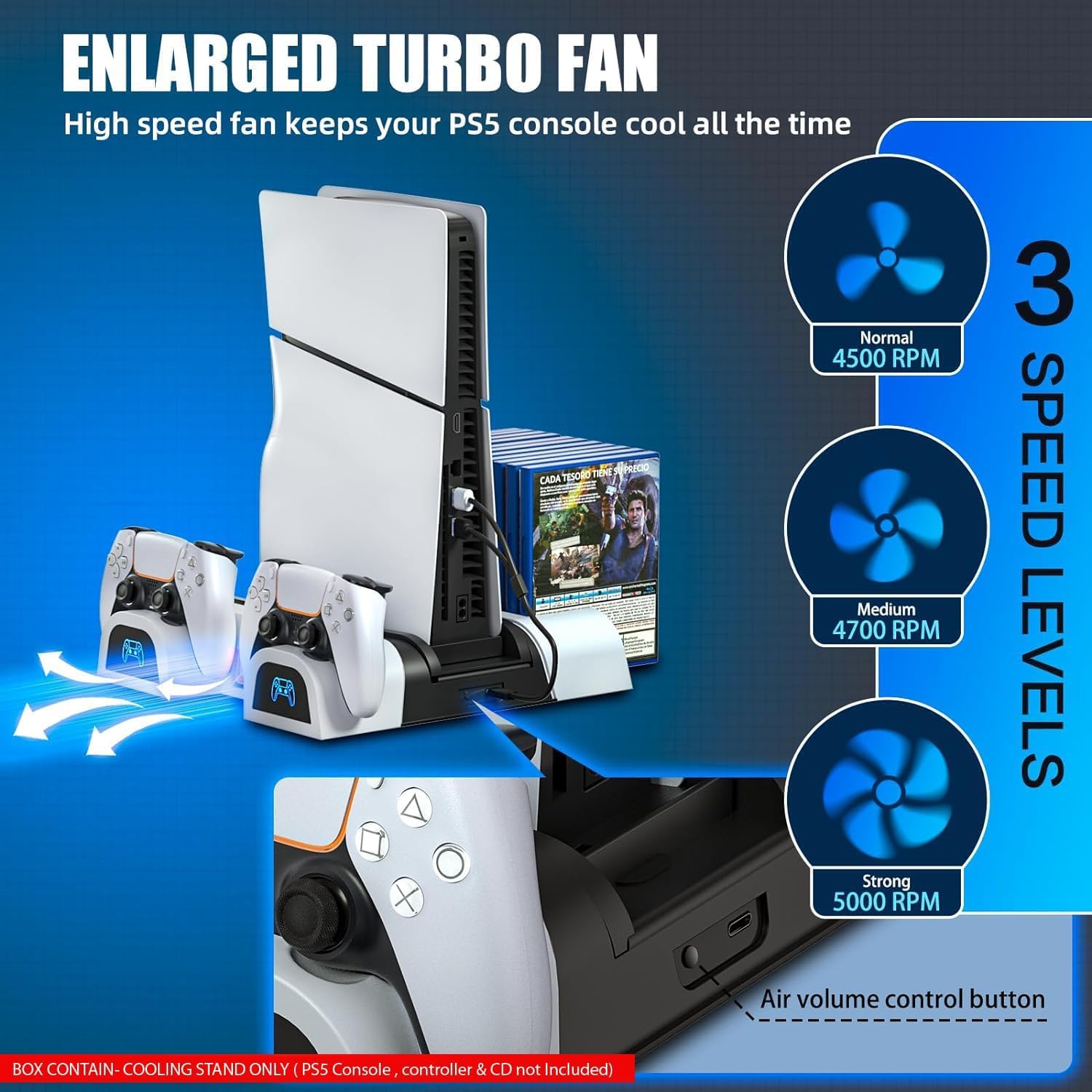 GET IN THE GAME Vertical Stand for PS5 / PS5 Slim | Cooling Fan & Dual Controller Charging Station with Media Remote Holder & 10-Disc Game Storage for Digital & Ultra HD Editions Toy Review India (Iknoor World )