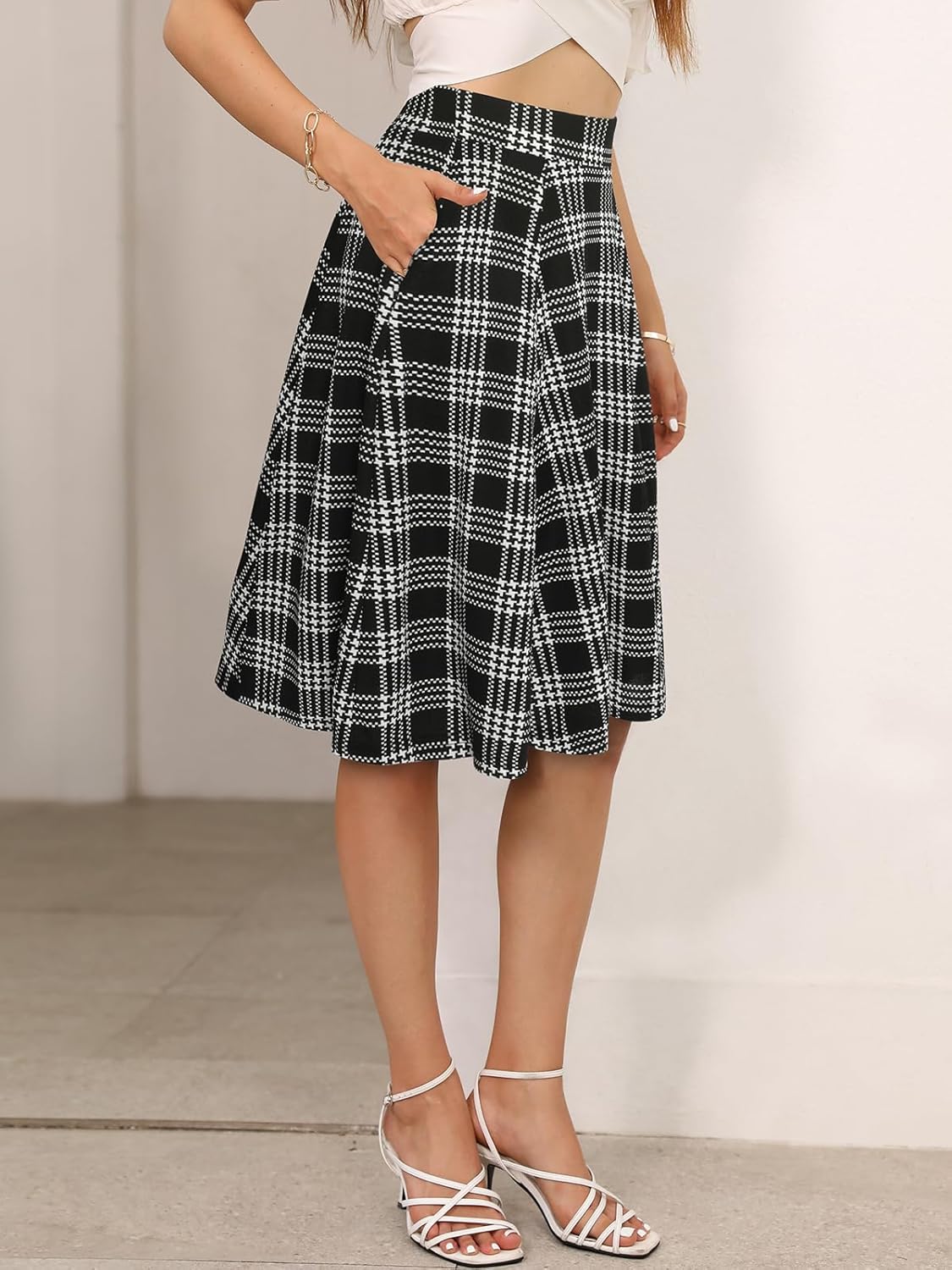 Sureple Skirts for Women Knee Length for Work Fall Elastic High Waist A-Line Flare Skirt Ruffle Hem with Pockets - Image 5