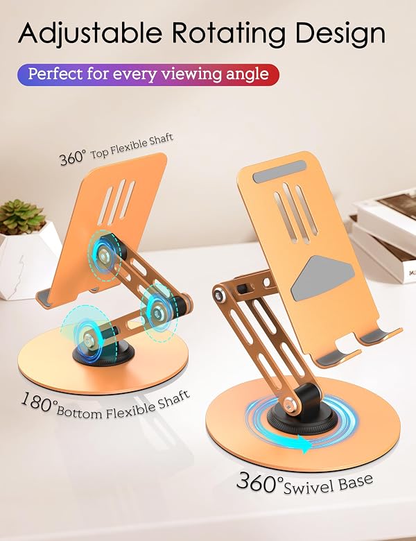 HZZADZXW 360° Rotating Cell Phone Stand for Desk, Adjustable Foldable Aluminum Phone Holder with Anti-Slip Base, Sturdy Desktop Stand Compatible with iPhone, iPad, Android Phones – Orange by HZZADZXW - Used condition - Image 2