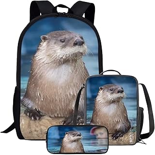 Kids Novelty Animal Backpack and Lunch Box for Boys Girls Student Lightweight 17 Inch School North American River Otter Backpack with Lunch Bag Pencil Case Kids Comfy Padded Black Large Bookbag