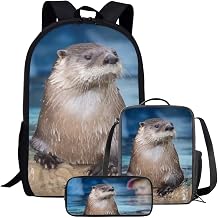 Kids Novelty Animal Backpack and Lunch Box for Boys Girls Student Lightweight 17 Inch School North American River Otter Backpack with Lunch Bag Pencil Case Kids Comfy Padded Black Large Bookbag