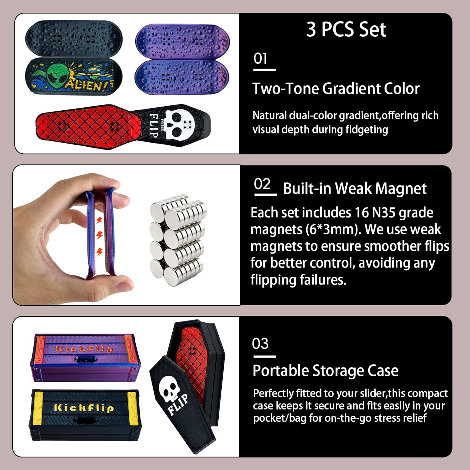 Fidget Slider Toy for Adults - Mini Fingerboard Skateboard with Storage Case - Portable Office Desk Stress Relief Toy