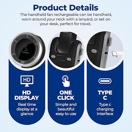 Miniatura 5 de Ventilador turbo de mano recargable, refrigeración de 5 velocidades, batería de larga duración de hasta 12 horas, mini ventilador 3 en 1 con