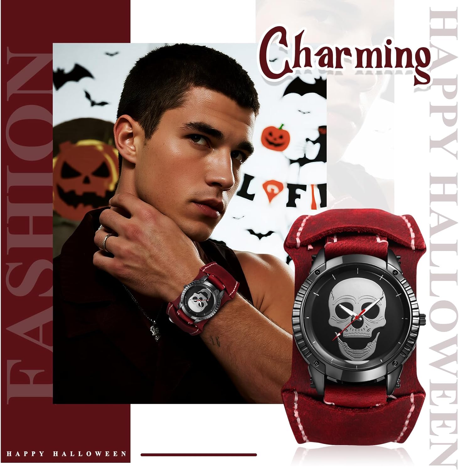 Avaner Men's Leather Strap Watches: Vintage Retro Wide Band Steam Punk Skull Oversized Analog Quartz Wrist Watch