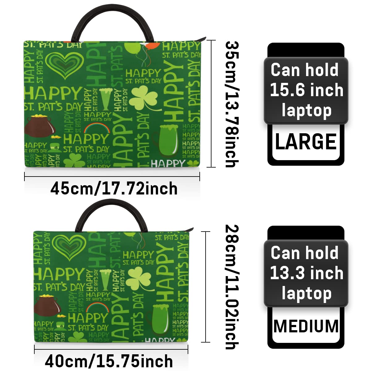 Projekt Dnia Św. Patryka pokrowiec na laptopa 13-16 cali koniczyny wzory ręczne etui na laptopa teczka kurierska noszenie torba na komputer dla kobiet mężczyzn dzieci chłopców dziewcząt