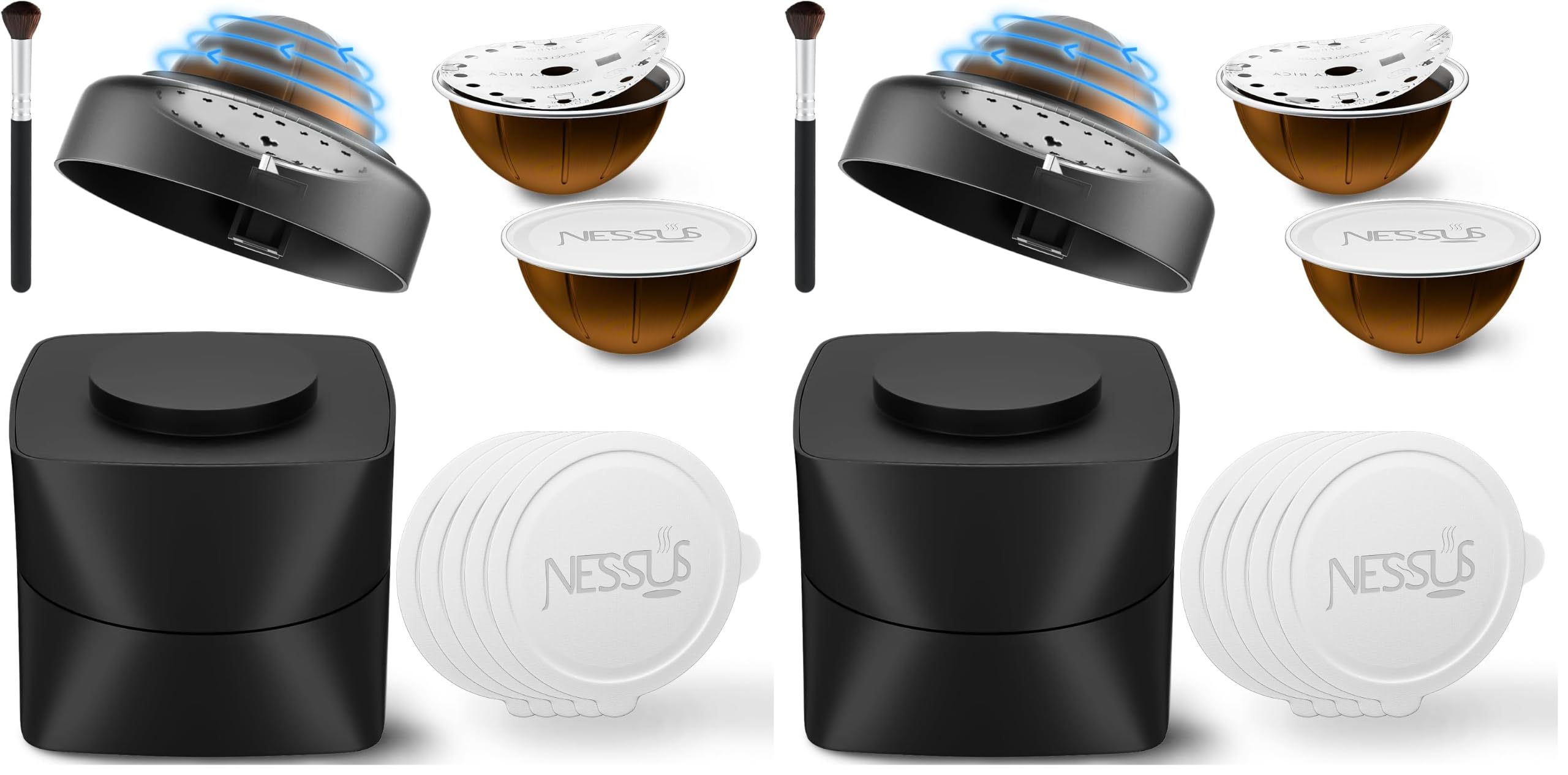 NESSUS Refill Kit for Reusable Nespresso Vertuo Pods, Lid Easy Remover for Original Seal, 100PCS Aluminum Foil Lids, Tamp &amp; Press Refillable Vertuo Capsules Holder and Brush (Pack of 2)