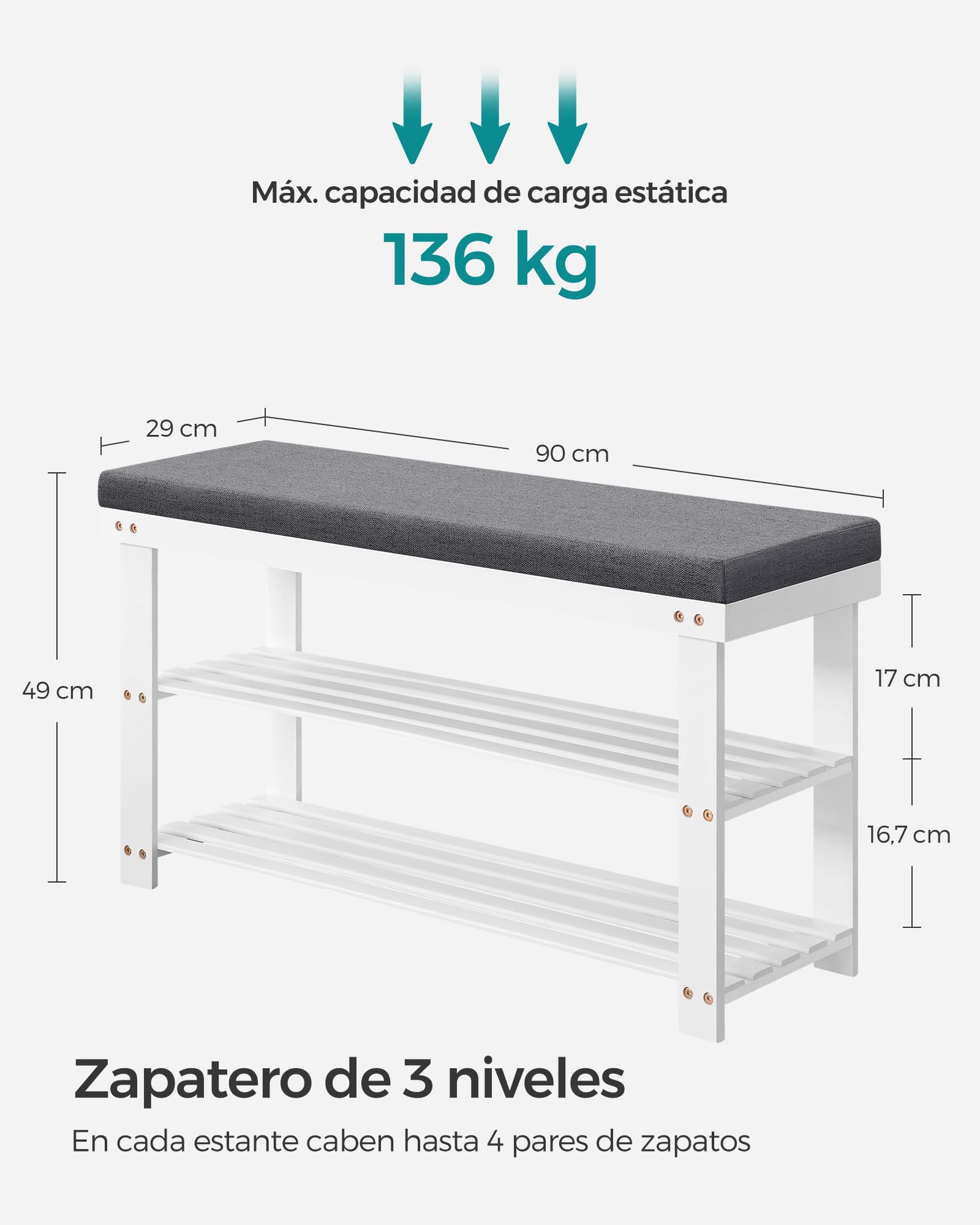 SONGMICS Banco Zapatero de Bambú, 2 Niveles, para Entrada, 29 x 90 x 49 cm | Organizador de Zapatos Estable, Soporta hasta 136 kg, Sala de Estar, Blanco y Gris, Colección BAMBOU, LBS904W01