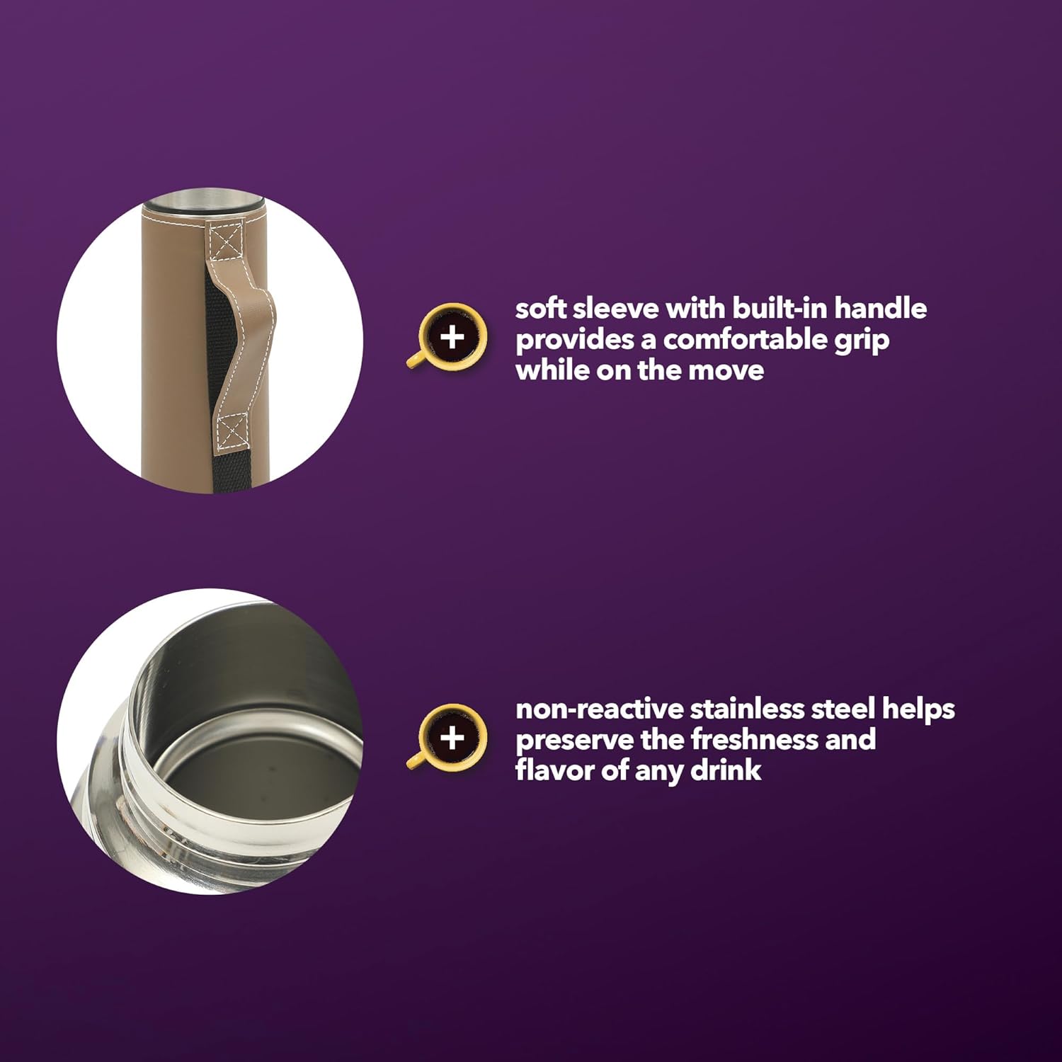 Mr. Coffee Leatherette 23 oz Stainless Steel Thermal Bottle – Double Wall Insulated Flask with Faux Leather Sleeve & Carry Handle, Brown – Leak-Proof Hot & Cold Drink Travel Mug - Image 4