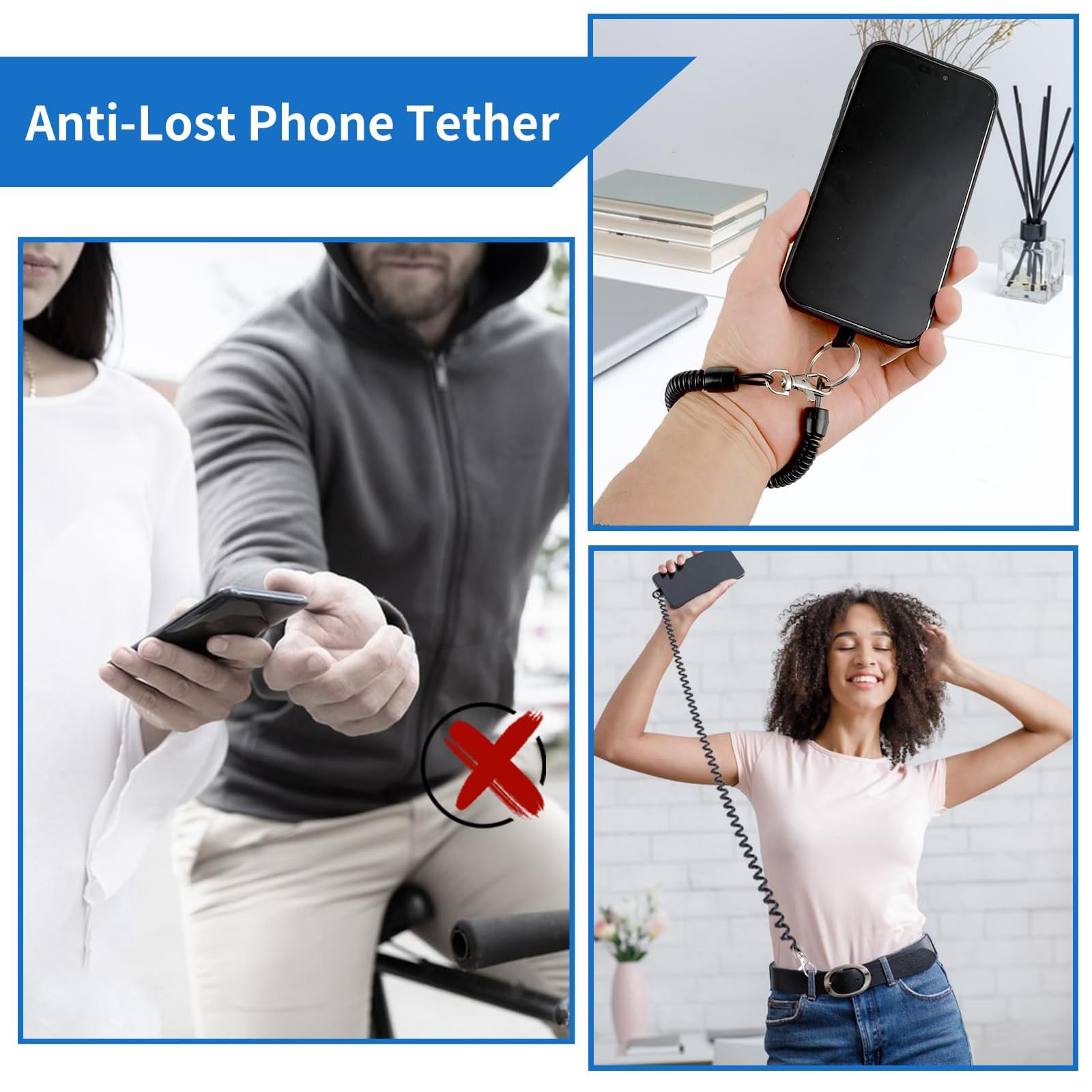 Cordino A Molla Per Telefono Con Moschettone – 2 Pezzi Antiscippo, Si Allunga Fino A 90 Cm, Per Escursioni E Bicicletta