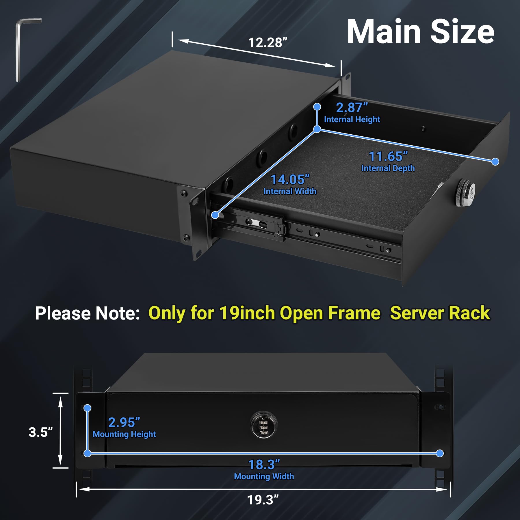 Cassetto per montaggio su rack 2U con serratura a combinazione e cuscinetto in schiuma, cassetto di bloccaggio verniciato a polvere per apparecchiature di rete da 19", server/DJ/AV, armadi